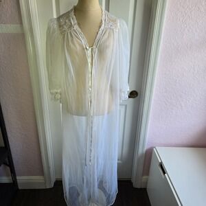 Val Mode‎ Vintage White Long Robe Sheer Mesh And Lace Size S Tie Front Lingerie
